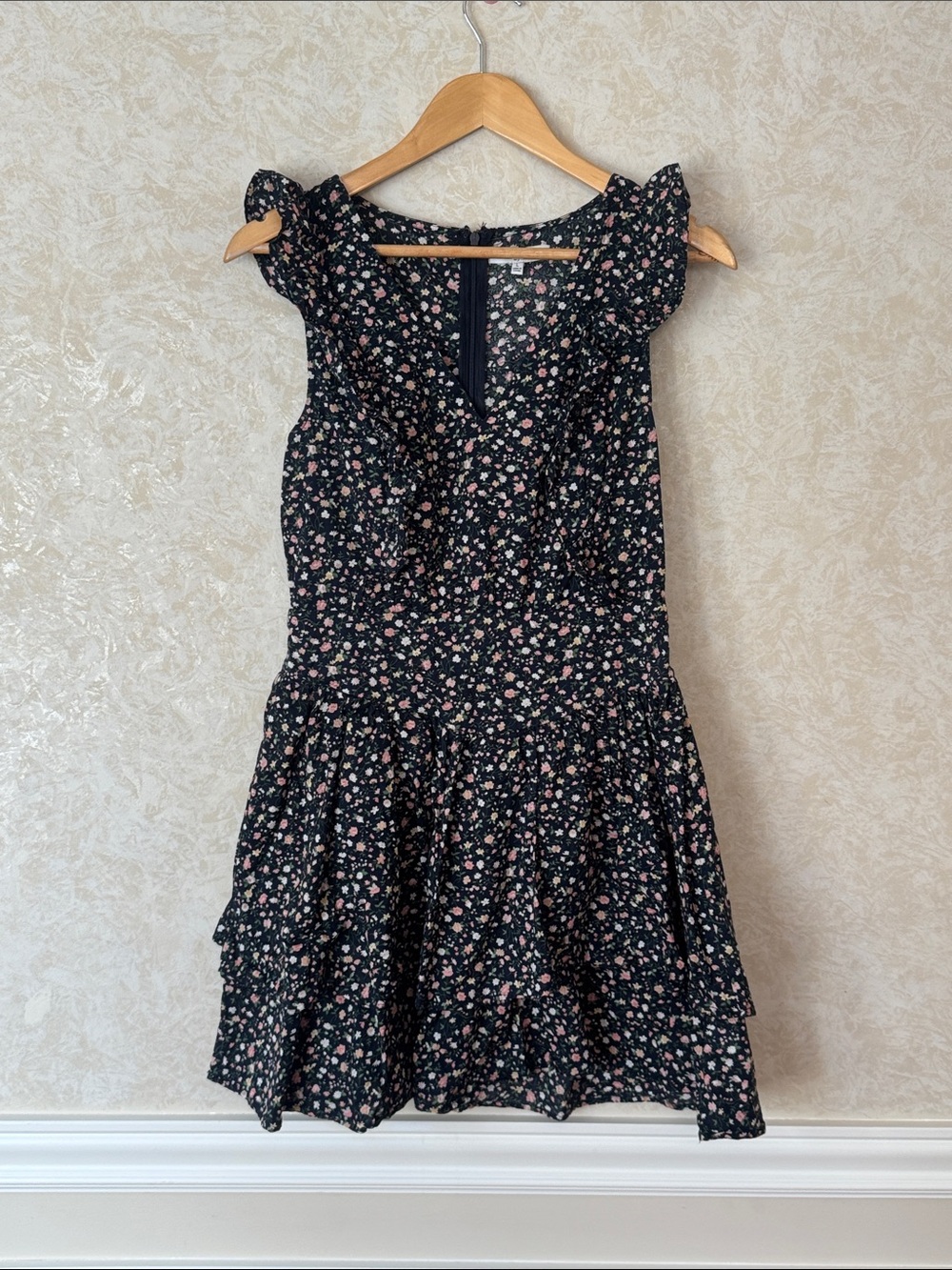 Navy Floral Ruffle Tiered Mini Dress in Black